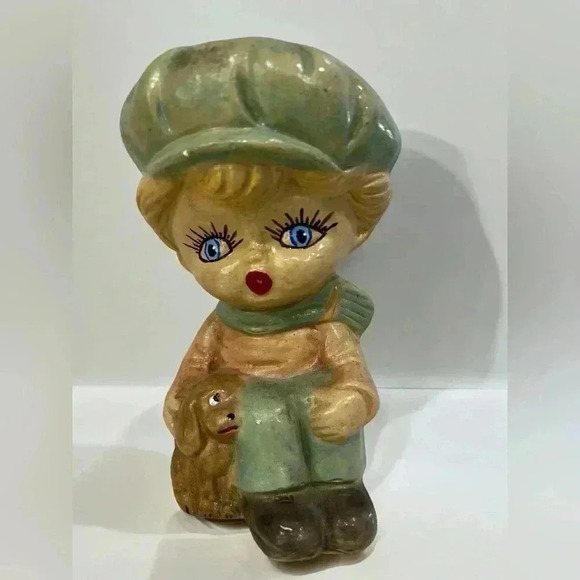 True vintage MCM kitsch Scandinavian pottery big eye boy and dog figurine - Picture 1 of 9
